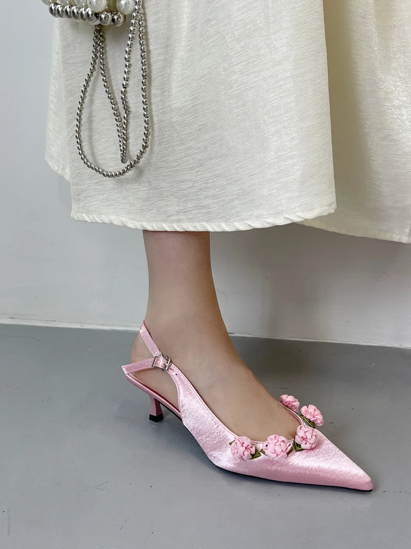 Pink High Heels Pointed Toe Slingback Shoes Summer Small Flower Low Heel Office Shoes Black Pumps White Talons Femme