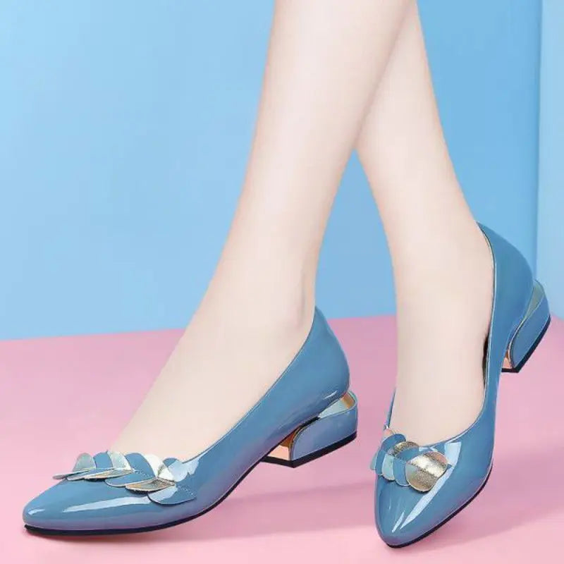 Low Heel Blue Normal Leather Shoes for Summer Footwear Pointed Toe Spring Brand Young 39