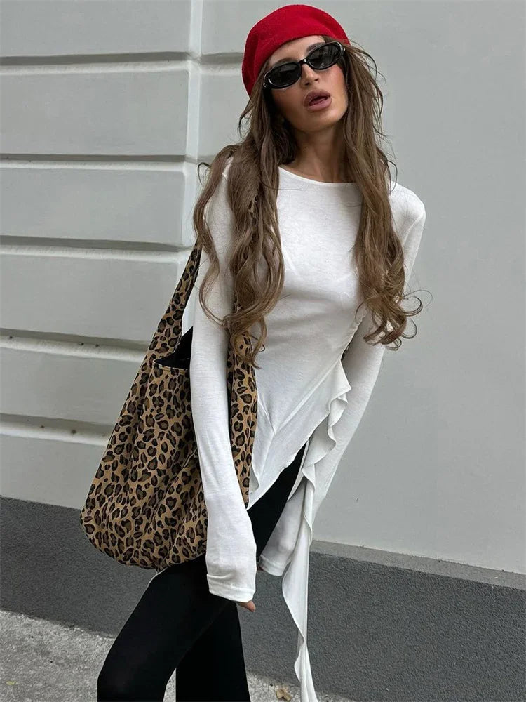 White Knit Slim T-shirt Pullover Female Ruffled Patchwork See-through Long Sleeve Y2k Inner Top ’s Knitwear Tee