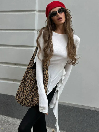 White Knit Slim T-shirt Pullover Female Ruffled Patchwork See-through Long Sleeve Y2k Inner Top ’s Knitwear Tee