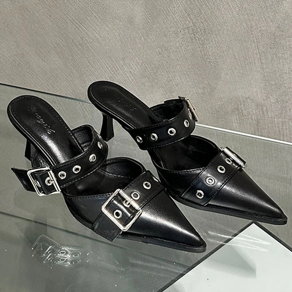 Pumps Belt Buckle Pointed Toe Black High Heel Mule Summer Slides Half Slipper Shoes for Big Size 43