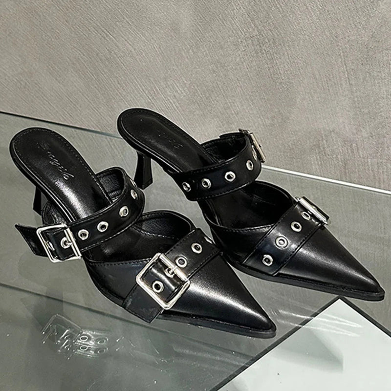 Pumps Belt Buckle Pointed Toe Black High Heel Mule Summer Slides Half Slipper Shoes for Big Size 43