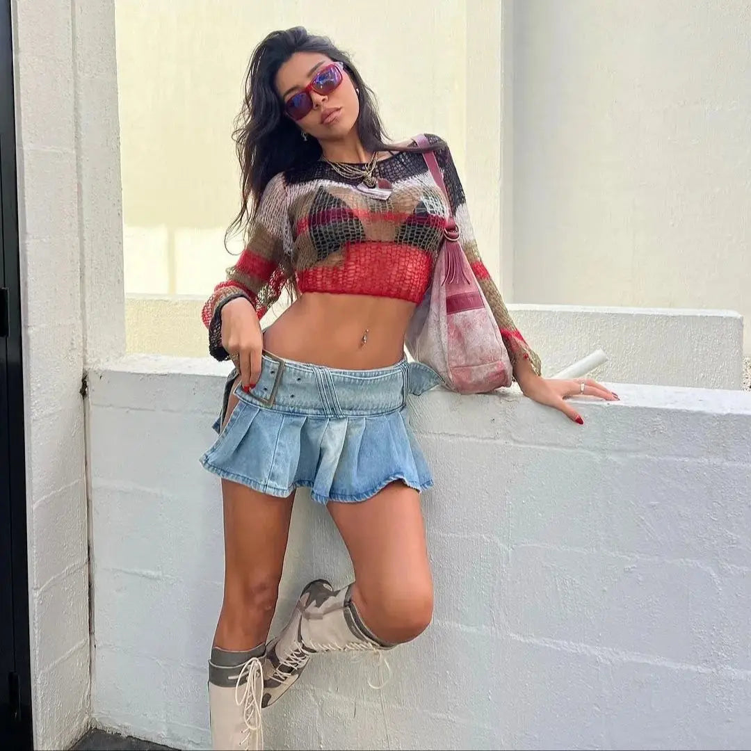 Y2k Pleated Jean Mini Skirt Low Waist Belt Short Dress Female Street Denim Cloth Autumn Design Skirt