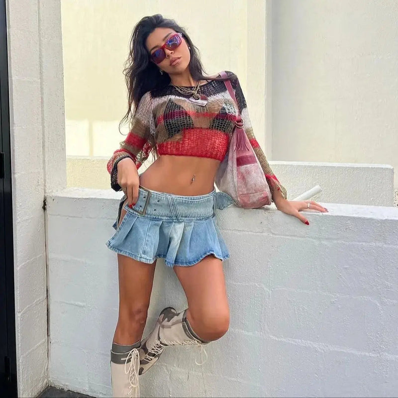 Y2k Pleated Jean Mini Skirt Low Waist Belt Short Dress Female Street Denim Cloth Autumn Design Skirt