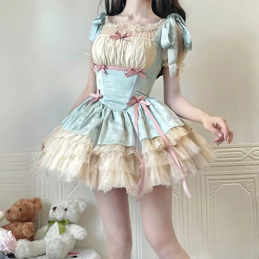 Little Ribbon Lolita Lace Sling Dress Sweet Sp Ballet Style Cake Princess Puffy Onepiece Dress Summer Pettiskirt