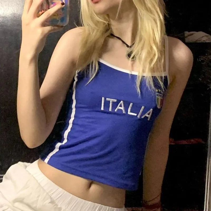 European and American Short Slim Fit Letter Blue Top Y2k ’s Summer T-shirt With Exposed Navel Clothing on the Street