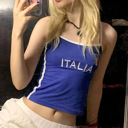 European and American Short Slim Fit Letter Blue Top Y2k ’s Summer T-shirt With Exposed Navel Clothing on the Street