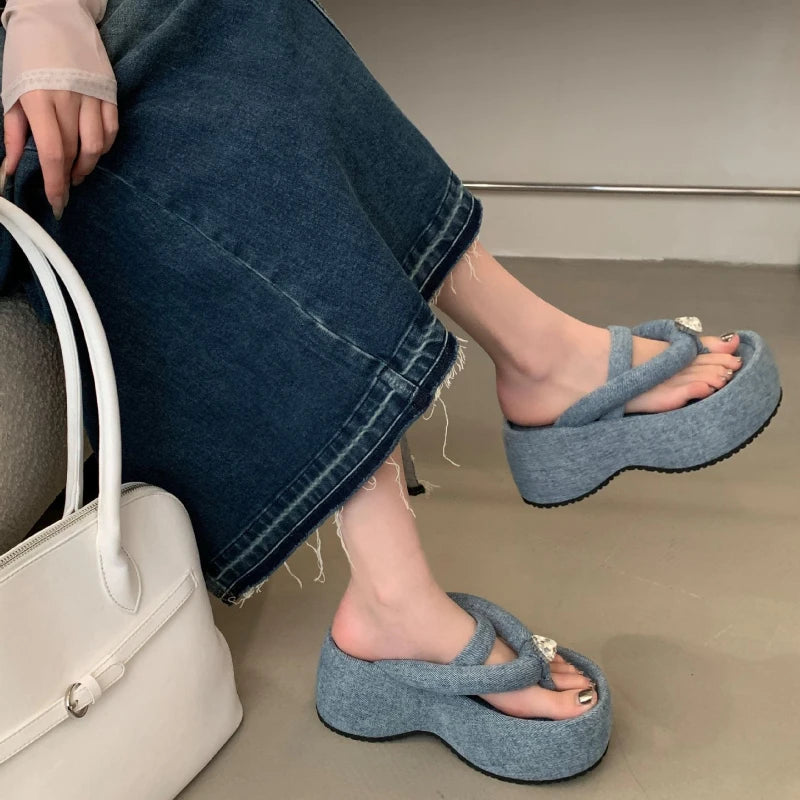 Satin Crystalline Thicksoled Flip Flops Shoes Summer Open Toe Back Strap Party Beach Sandals
