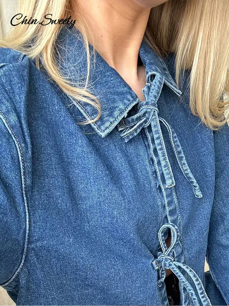 Street Lace Up Denim Shirt for Lapel Long Sleeve Loose Thick Blouses Spring Lady Loose Top Outwear New