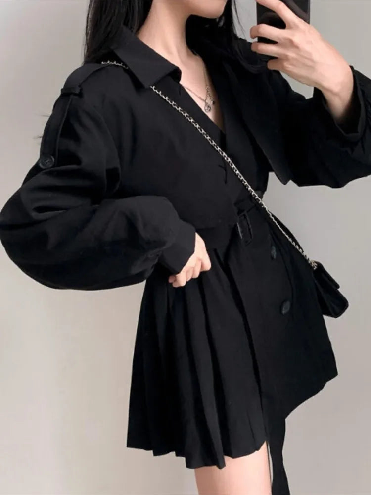 Autumn Korean Trench Coat Pleated Dresses for Belt Turn-down Collar Double Breasted Female Vestidos New