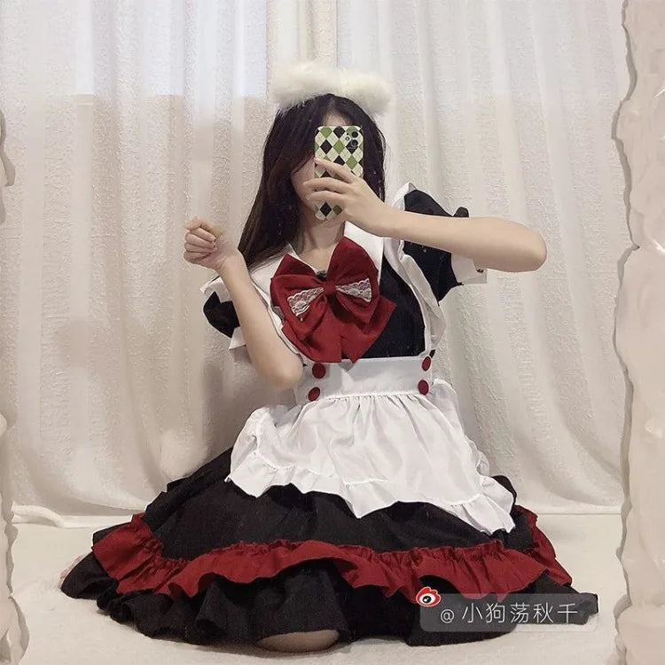 Black Red Lolita Cos Dress for Harajuku Sweet Vneck Bow Shorts Sleeve Dresses Y2k Egirl High Waist Vestidos Mujer