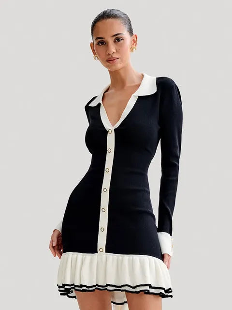 Ruffled Bow Knit Mini Dress ’s Summer Backless Contrast Cardigan Lace-up Dress Female Knitwear Bandage Dress