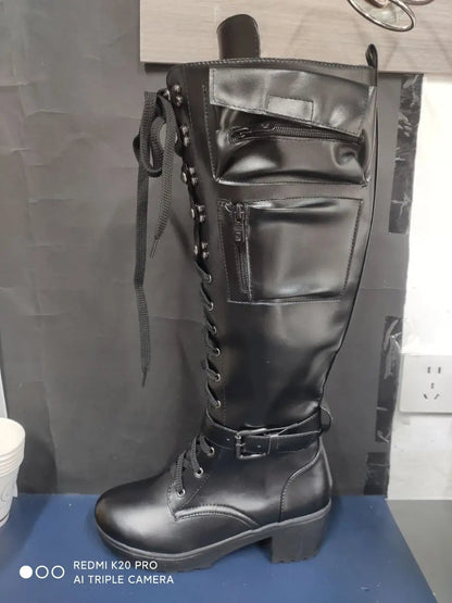 Motorcycle Boots Round Toe Laceup Knee High Heels Side Zipper 39 Big Size Goth Punk Shoes