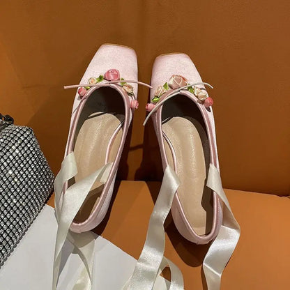 Square Toe Silk Pink Ballet Shoes Flower Lace Up Chunky Heel Shoes