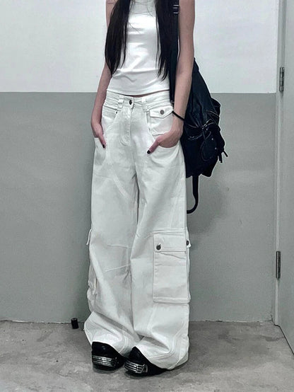 Summer White Jeans High Waist Baggy Y2k Trend Straight Cargo Pants Street American Wide Leg Denim Trouser