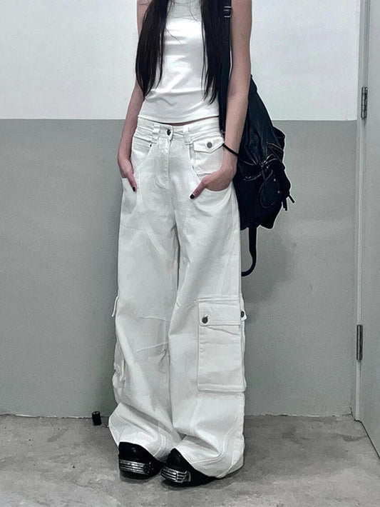 Summer White Jeans High Waist Baggy Y2k Trend Straight Cargo Pants Street American Wide Leg Denim Trouser