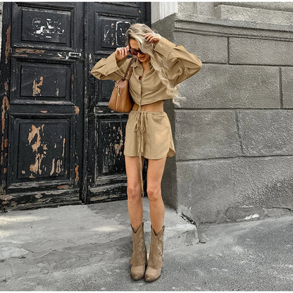 Summer Suit Lapel Single Breasted Full Sleeve Lace Up Waist Shorts Female Suit Oversize Two-piece Set