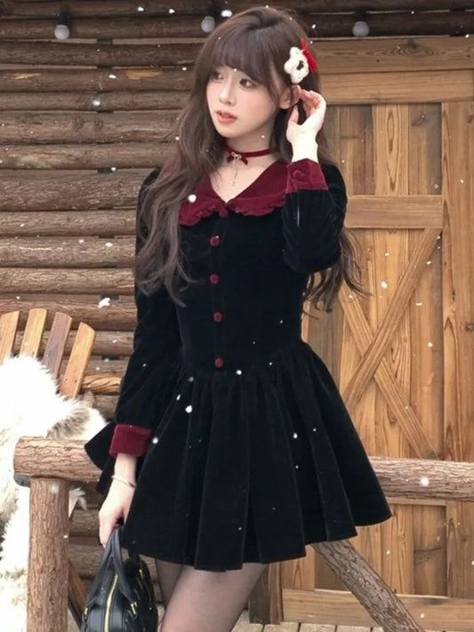Black Velvet Dresses French Sweet Birthday Party Mini Dress Autumn Spring Female Pleated Aline Short Vestidos