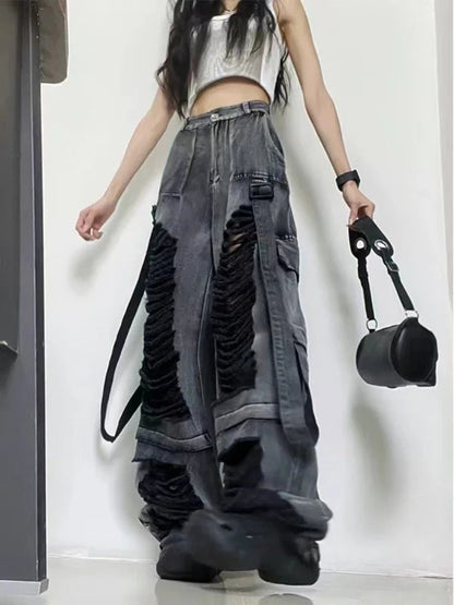 Black Ripped Jeans for Hip Hop Y2k Baggy Hole Do Old Wide Leg Cargo Denim Pants Bottoms