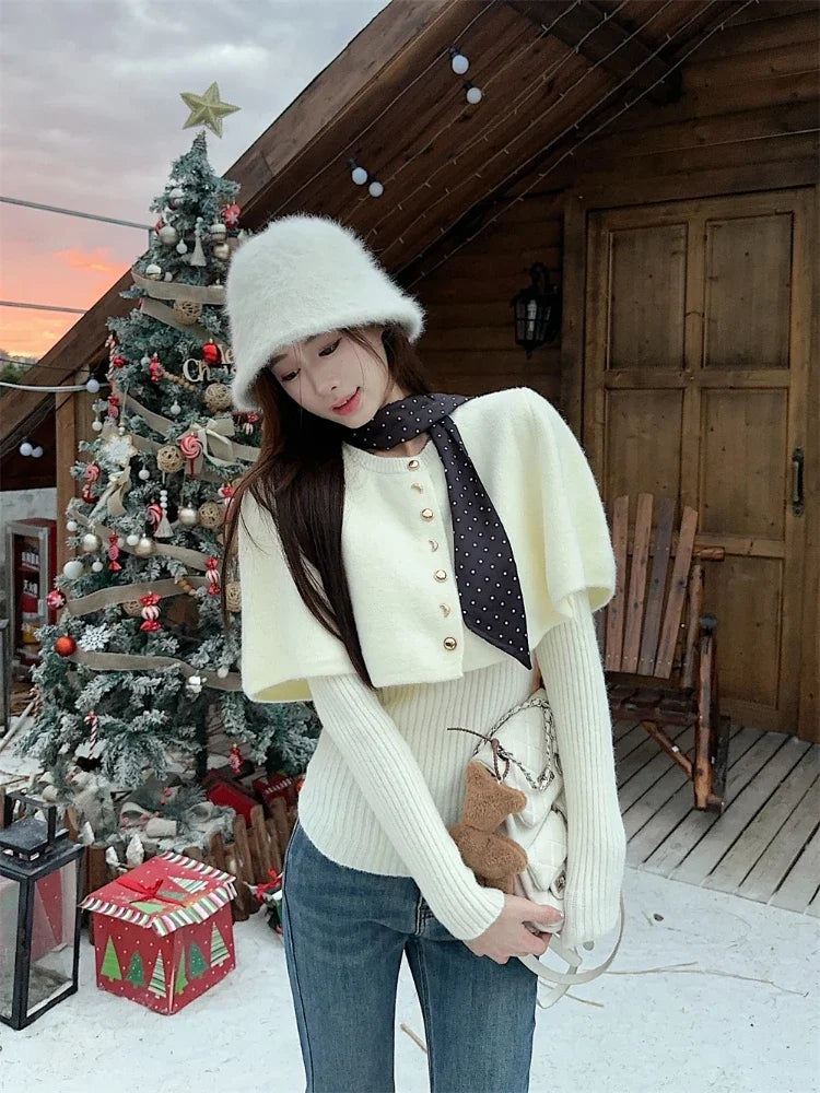 Red Poncho Sweater Ribbed Knitwear Twopiece Set Pullover Korean Cutecore Long Sleeve Christmas Clothes