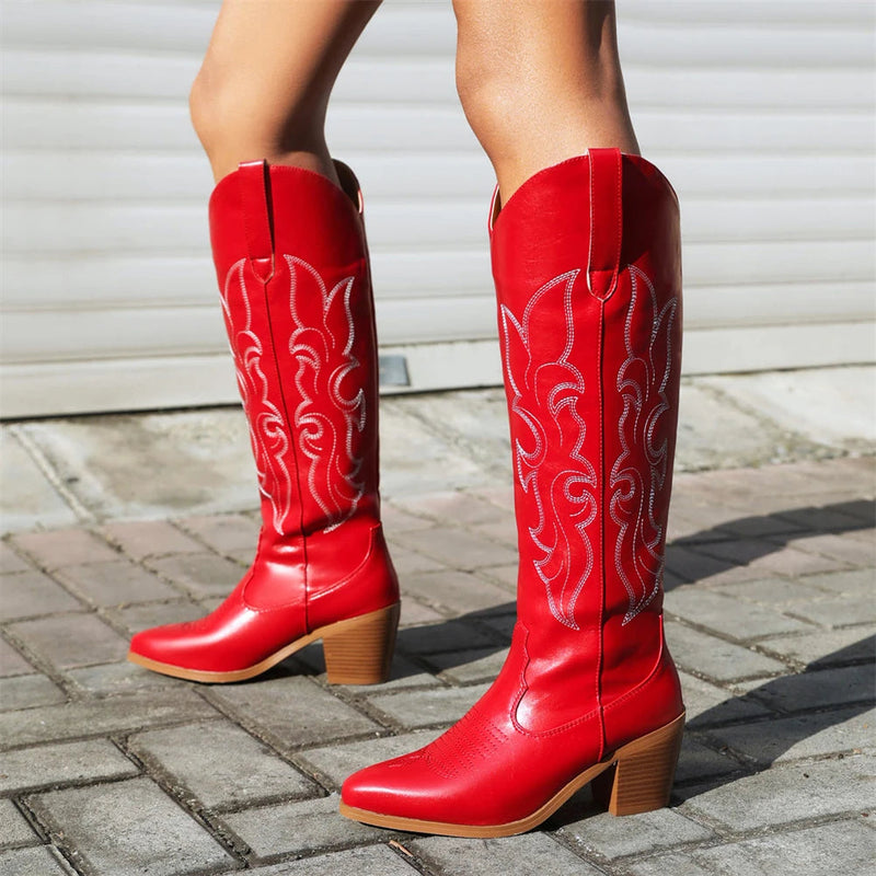 Western Cowboy Knee High Boots Pointed Toe Thick High Heeled Embroider Autumn Winter Red Long Booties Shoes Woman