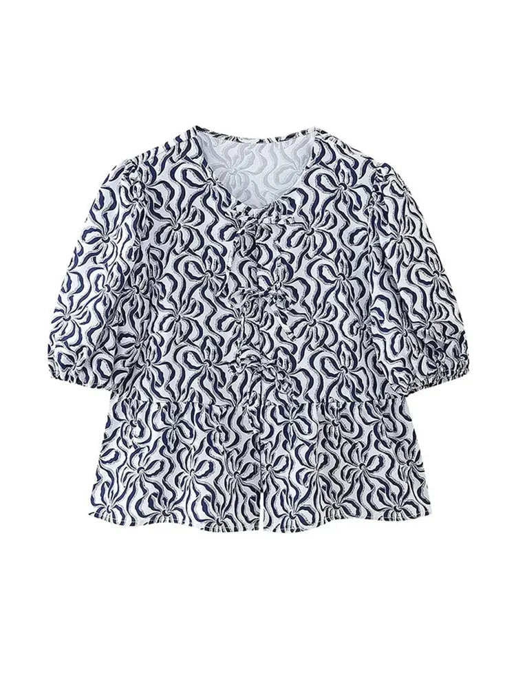 Summer Printed Cropped Shirts Top Puff Short Sleeves Round Neck Blouse Female Laceup Tshrit