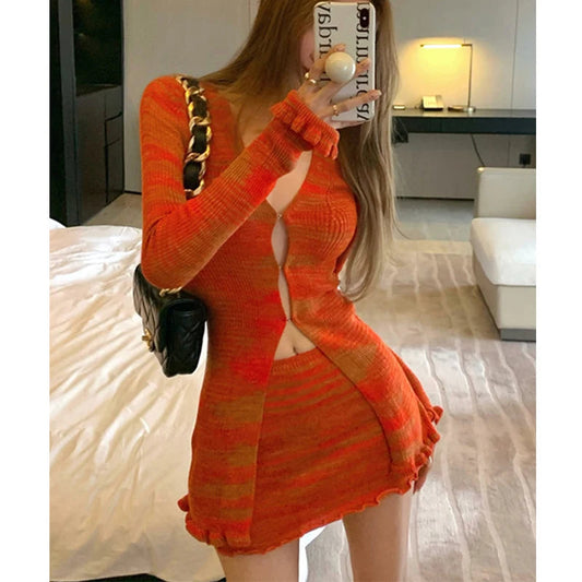 Y2k Orange Striped Suit Fungus Edge Longsleeved Knitted Cardigan Autumn Short Skirt 2piece Set