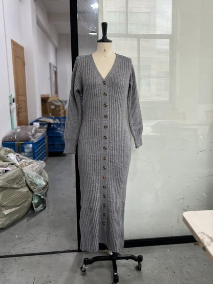 Modest Knitted Long Dress Loose Buttons Sweater Cardigans Fall Commuter Lady Fashionable Woman Wear