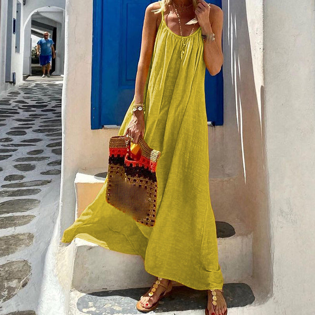 Color Spaghetti Strap Dresses Loose Backless Beach Vacation Long Dress Female Vestidos
