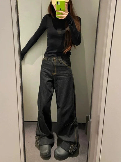 Black Wide Leg Jeans With Rivets Y2k High Wasit Denim Pants Korean Style Kpop Baggy Harajuku Trousers New