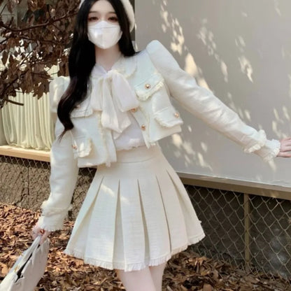 Autumn New French Tweed Two-piece Skirt Set Short Jacket Coat + Pleated Mini Skirt Suits Korean Outfits