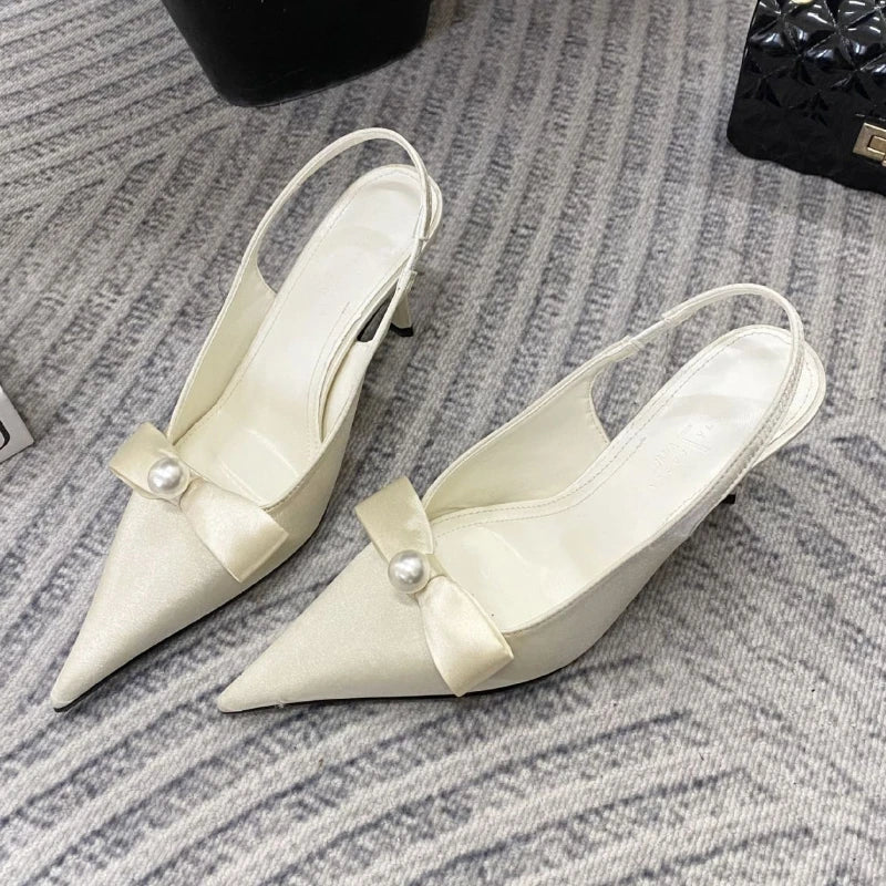 Satin Bow Pumps Pointed Toe Thin Heeled Backless Dress Shoes Brand Designer Shallow Mouth Sandal