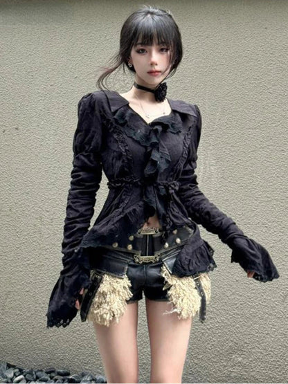 Pleated Blouse Ruffled Slim Harajuku Ruffled Tops Y2k Aesthetic Lace Patchwork Black Shirts De Mujer