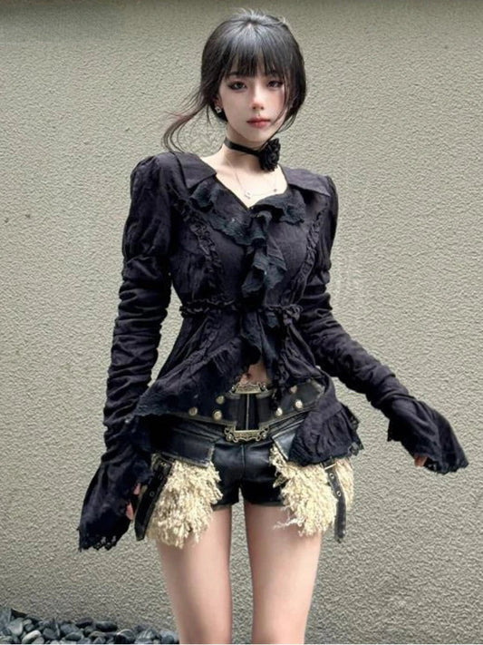 Pleated Blouse Ruffled Slim Harajuku Ruffled Tops Y2k Aesthetic Lace Patchwork Black Shirts De Mujer