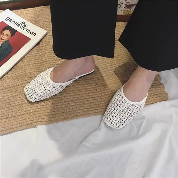Shoes Slippers Soft Slides Slipers Cover Toe Low Loafers Fretwork Heels Comfort Flat Basic Fabric Rubber Cane Pu