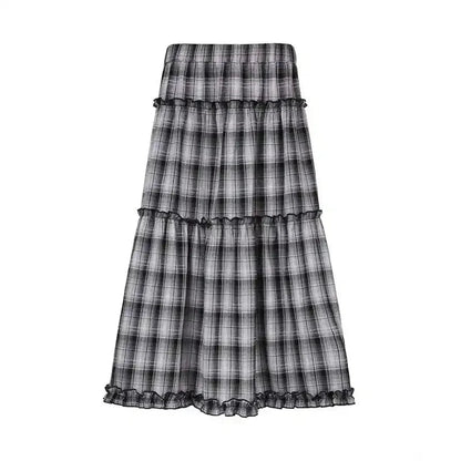Contrast Color Plaid Aline Skirt Autumn New Korean Pleated Loose All Match Midlength Skirt