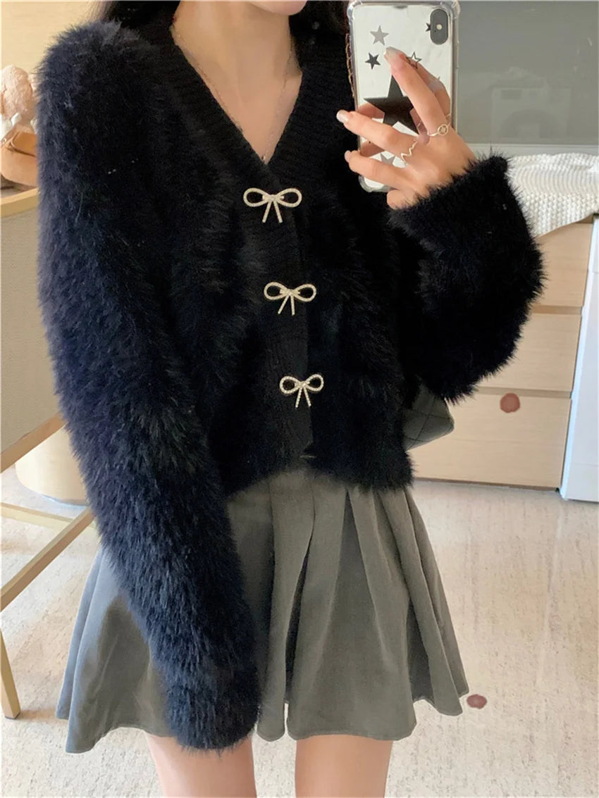 Bow Outwear Coats Soft Winter Faux Mink Hair Office Lady Warm Slim Sweaters