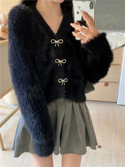 Bow Outwear Coats Soft Winter Faux Mink Hair Office Lady Warm Slim Sweaters