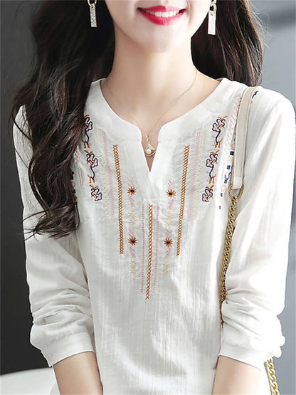 Spring Autumn White Blouses Tops Lady Embroidery V-neck Long Sleeve Loose Blusas Top Df4272