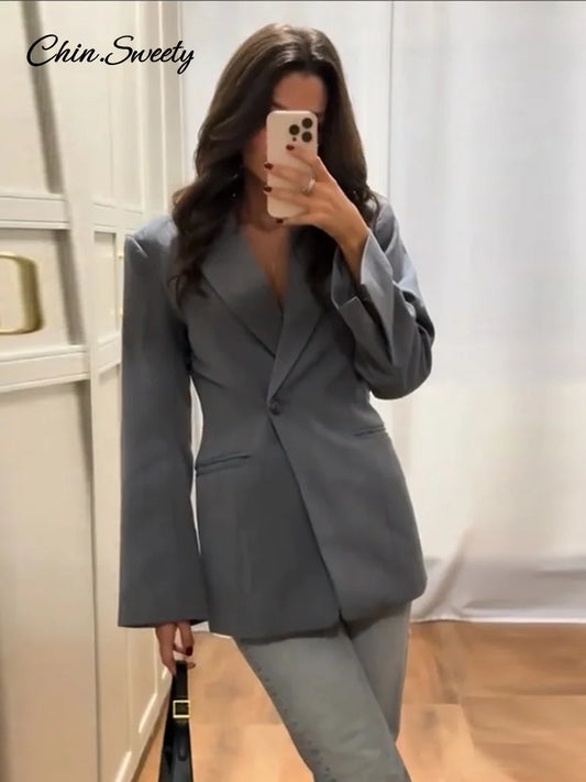 Metal Button Blazer Suit Slim V Neck Long Sleeve Fake Pocket Jacket Autumn Shoulder Pads Office Lady Outwear