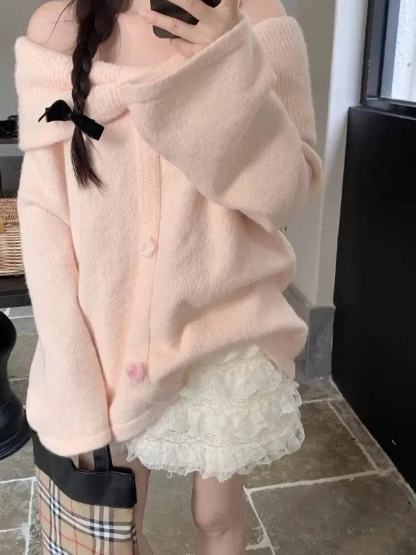Off Shoulder Pink Sweet Gentle Wind Bow Soft Glutinous Sweater Autumn Loose Versatile Knitted Top