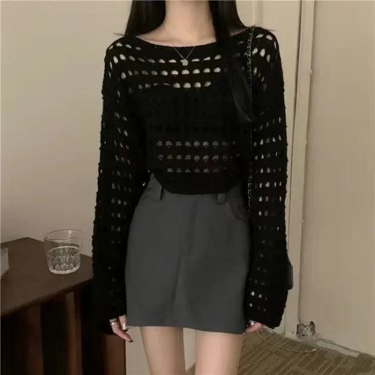 Hollow Out T-shirt Knit Sweater Loose Y2k T-shirt Crewneck Thin Sweater Autumn Pullovers