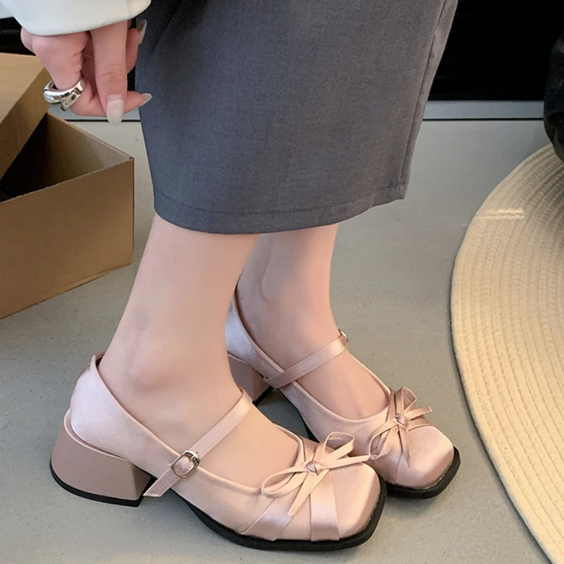 Pink Bow High Heels Spring and Summer New Squareheaded Silk Ribbon Buckle Single Shoes Shallow Thickheeled Shoes