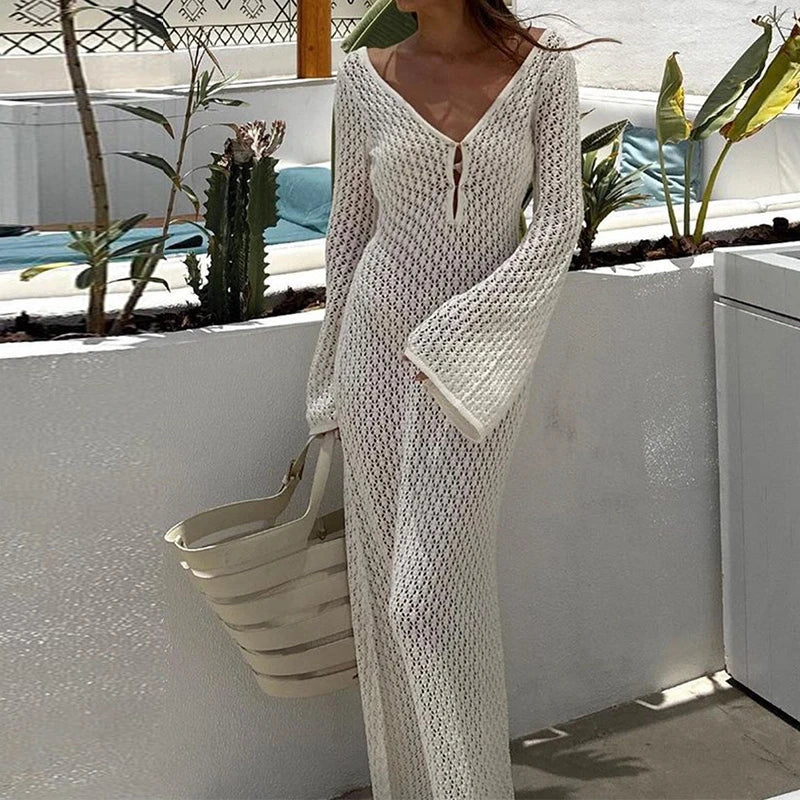 Beach Style Knitted Hollow Out Long Dress Crochet Flare Sleeve Low Cut V Neck Backless Dress Club Party Vestidos