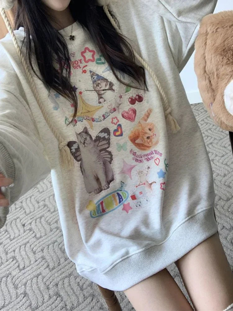 Kawaii Cat Print Hoodie Cutecore Long Sleeve Sweatshirt American Retro Egirl Kitten Angel Graphic Alt Clothes Y2k