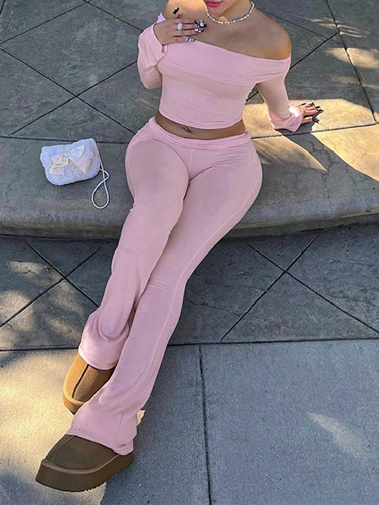 Skinny Ruched Off Shoulder Long Sleeve Tee Shirt and Flared Pants 2 Pieces Sets