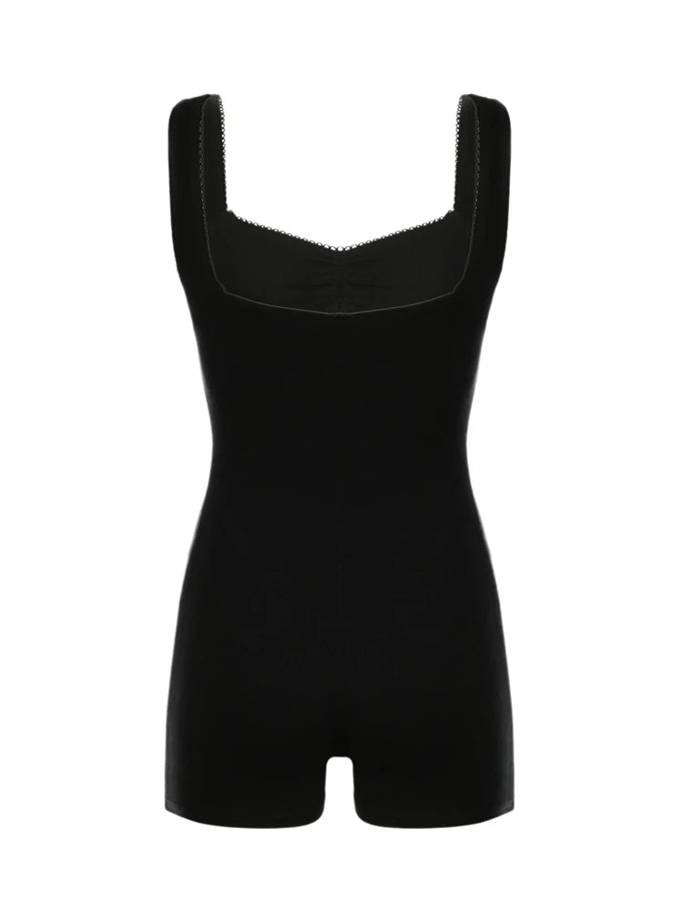 Sleeveless Shirring Square Collar Skinny Summer Playsuit Black Simple Basic Vacation Rompers