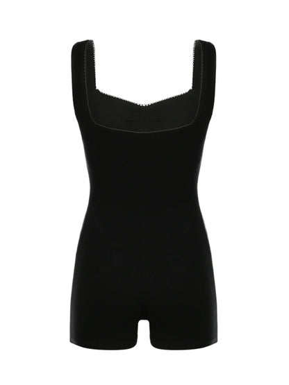 Sleeveless Shirring Square Collar Skinny Summer Playsuit Black Simple Basic Vacation Rompers
