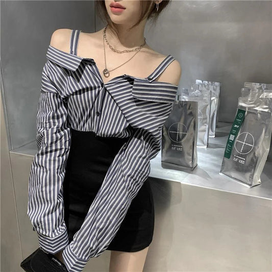 Slash Neck Mini Dress Korean Striped Patchwork Hip Wrap Dresses Long Sleeve Bodycon Design Vestidos New