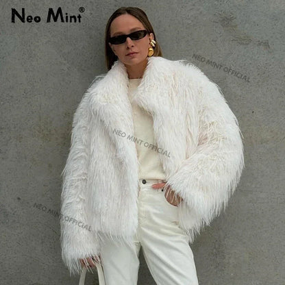 Winter Fluffy Faux Fur Coat Brand Tassels Furry Turkey Fur Jacket Loose Overcoat Outerwear